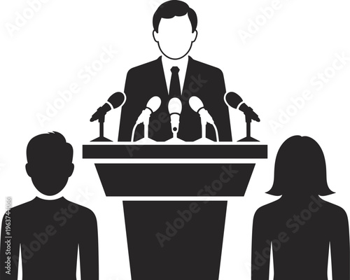Speaker at podium with microphones and audience silhouettes