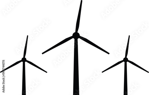 Three black silhouette wind turbines on white background