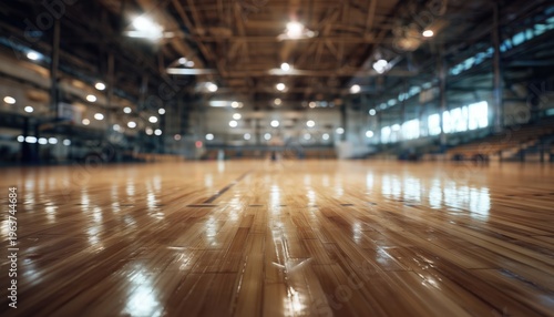 Blurry Image Of Desolate Basketball Court With Bright Illumination And Reflective Wooden Surface In Wide-Angle Perspective. A Defocused Photograph.