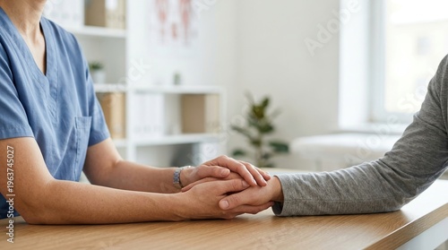 Empathy, doctor, patient, support, healthcare, hands, compassion shown through a nurse holding a patient's hand for comfort and reassurance in a bright medical clinic office setting.