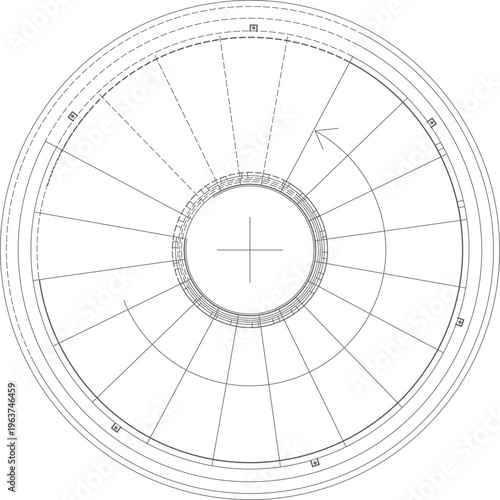 Technical architectural plan view drawing showing spiral staircase with radial steps, central column support, curved handrail and directional arrows.