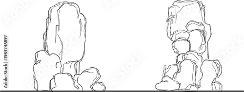 Technical elevation drawing showing natural rock formations or decorative stone sculptures with irregular organic shapes and texture hatching for landscape design.