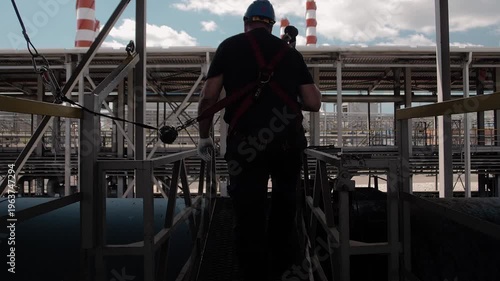 Professional assembler heightsman in helmet and safety system goes out on a tank car to load fuel for transportation