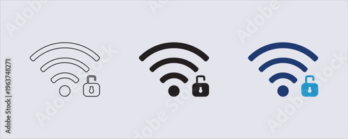 A secure wireless network connection, featuring a WIFI symbol paired with a padlock, padlock icon indicates that the wireless signal is protected or encrypted, requiring a password for access. 