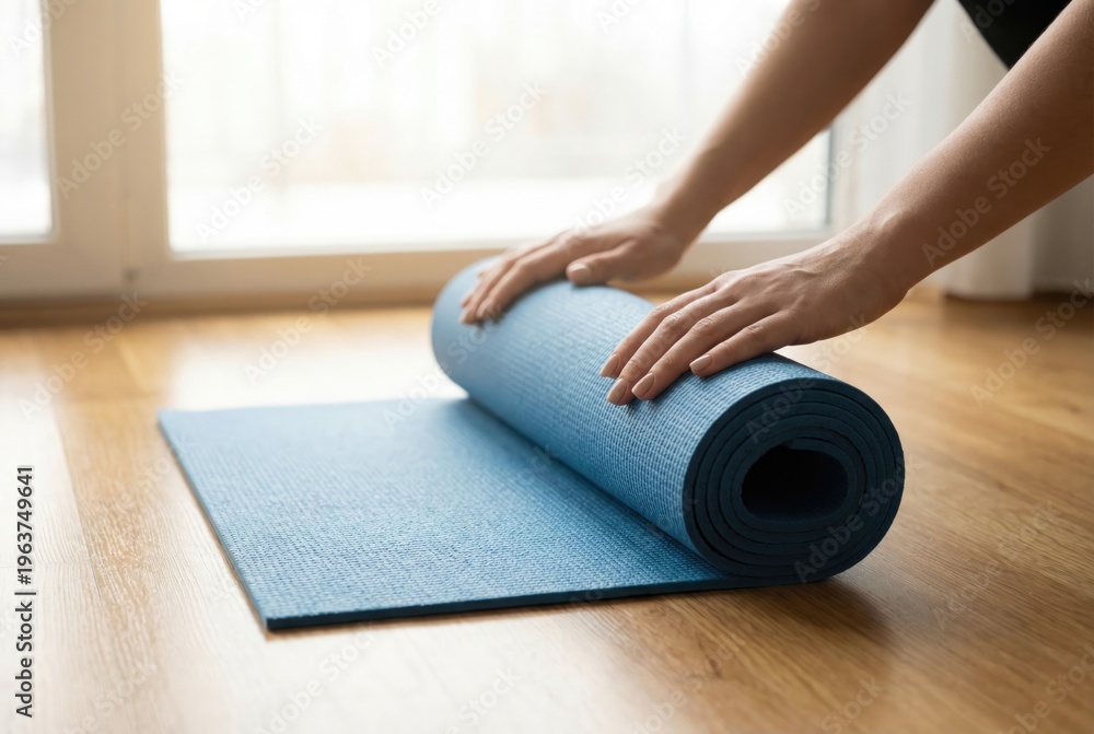 Fototapeta premium Close up of hands rolling up blue exercise mat on wooden floor after yoga practice