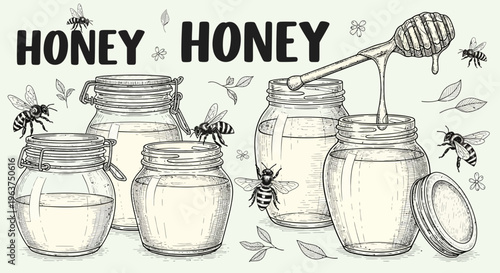 Rustic honey label design with bees honeycomb and wildflowers