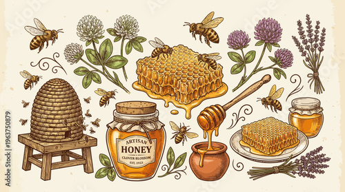 Vintage honey and beekeeping collection with jars hive and bees