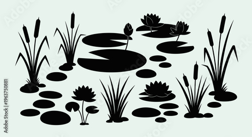 Black silhouette of pond plants.
