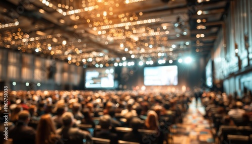 Blurred Image Of Packed Conference Hall With Audience Engaged In Presentation On Stage Using Contemporary Audio-Visual Setup.
