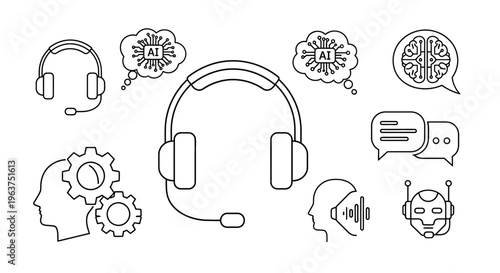 Headset with customer service chat icons.