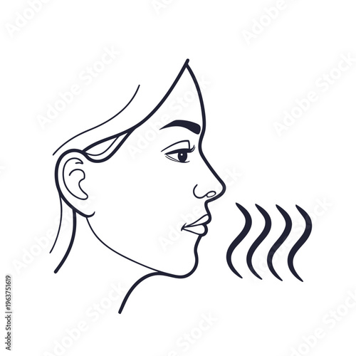 Nose with Smell Waves Line Icon.