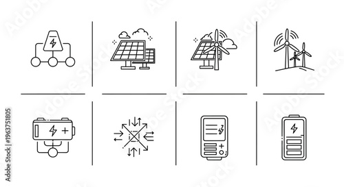 Icons of renewable energy sources technology.