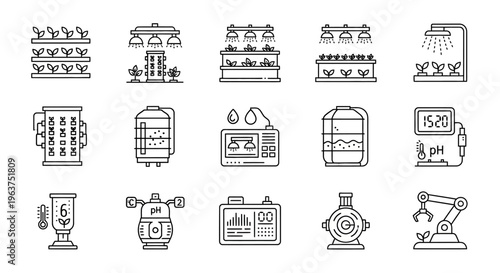 Industrial icons and machinery symbols.