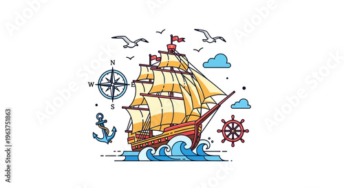 Vintage Sailing Ship on Ocean Waves.