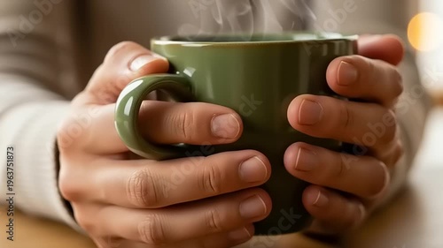 Hands Holding Steaming Green Mug.