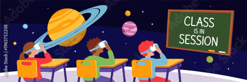Children learning with virtual reality headsets in futuristic classroom exploring outer space planets and astronomy illustration