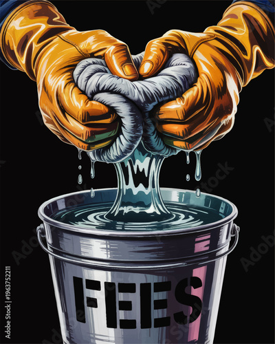 Squeezed by Fees concept illustration, hands wringing wet cloth over metal bucket, financial pressure and hidden cost metaphor on black