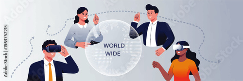 Global virtual reality collaboration concept with diverse business people wearing VR headsets around digital world globe