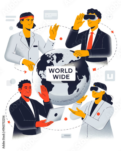 Global teamwork with virtual reality and digital collaboration around world globe illustration for worldwide online communication