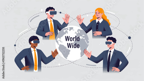 Global business team in virtual reality headsets around world map, remote collaboration, futuristic worldwide communication concept