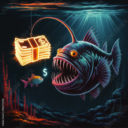 Predatory deep sea fish chasing glowing money bait, financial greed metaphor, neon anglerfish in dark ocean illustration