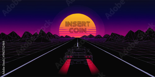 Retro synthwave highway with sports car driving to neon sunset insert coin text, vaporwave night landscape, 80s arcade game poster