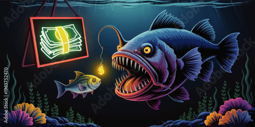 Aggressive deep sea predator luring small fish with glowing money bait, financial trap metaphor, underwater business risk illustration