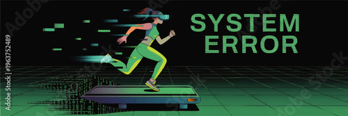 Futuristic cyber athlete running on digital treadmill with VR headset in glitch virtual reality grid, neon system error concept art