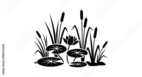 Black silhouette of water lily plants.
