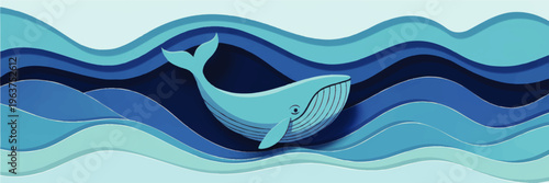 Abstract blue whale in layered ocean waves, minimalist marine life background for ocean conservation, kids decor and web banners