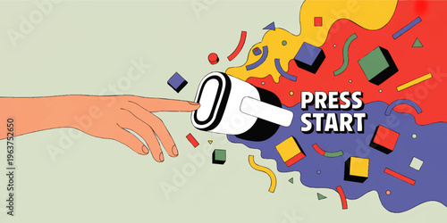 Colorful abstract game start button with hand pressing control and geometric confetti shapes, modern flat illustration background