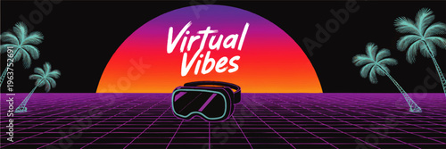 Retro synthwave virtual reality landscape with neon grid, palm trees and sunset, Virtual Vibes text banner for gaming and music