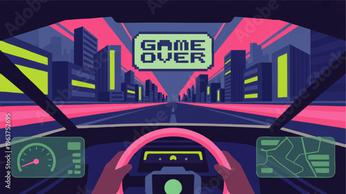 Retro futuristic driving video game interface with neon cyberpunk cityscape, game over screen and first person racing car cockpit