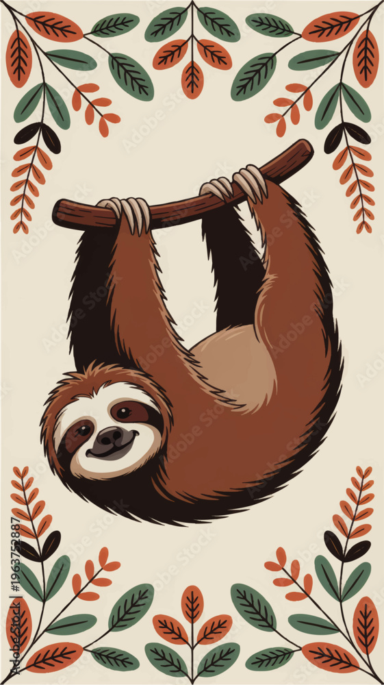 Naklejka premium Cute sloth hanging on branch illustration with decorative leaves, playful jungle animal art for kids room, nursery wall decor