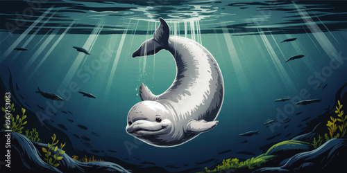 Cute cartoon dolphin swimming underwater in sunlight rays, playful marine animal illustration in blue ocean scene with seaweed