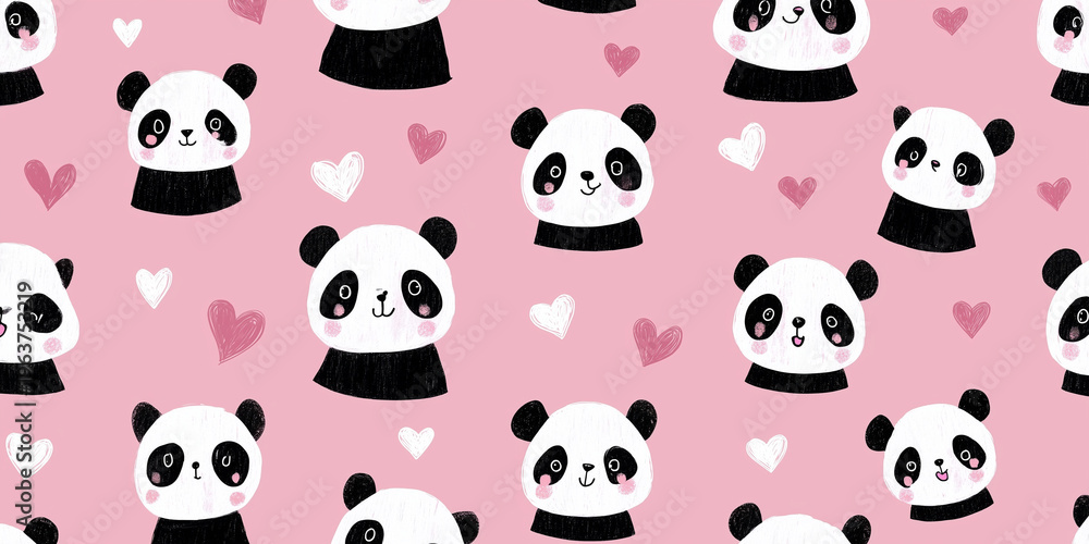 Obraz premium Adorable hand-drawn panda bear faces and small hearts in a seamless pattern over a soft pink background, ideal for children's textile design, scrapbooking, and nursery wallpaper decoration
