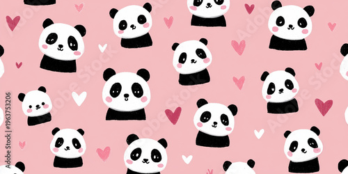 Adorable seamless pattern featuring cute hand-drawn panda bear faces and small hearts on a soft pink background, perfect for nursery decor, children's textiles, and whimsical gift wrapping paper