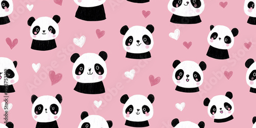 Adorable hand-drawn panda bear faces and small hearts in a seamless pattern over a soft pink background, ideal for children's textile design, scrapbooking, and nursery wallpaper decoration
