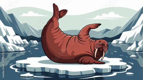 Cute walrus cartoon relaxing on floating ice sheet in arctic ocean landscape with glaciers and mountains, playful winter wildlife illustration