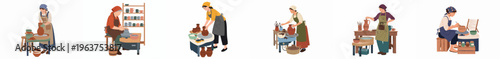 Flat illustration set of diverse female ceramicists working in a pottery studio, throwing clay on wheels and painting finished vessels.