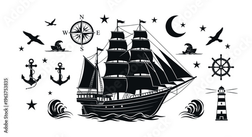 Sailing Ship with Nautical Symbols.