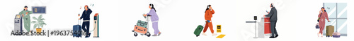 A diverse collection of passengers at an airport terminal featuring travelers with suitcases, headphones, and mobile devices in a modern flat vector style.