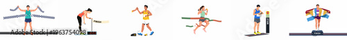 Collection of diverse marathon runners crossing finish lines, celebrating victories, and showing exhaustion after a long-distance race.