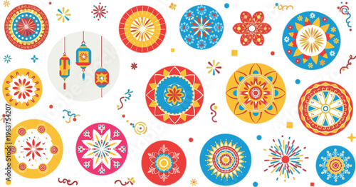 Colorful Diwali festival vector set with decorative mandalas, hanging lanterns, fireworks elements, traditional Indian patterns, vibrant circular ornaments and celebration symbols