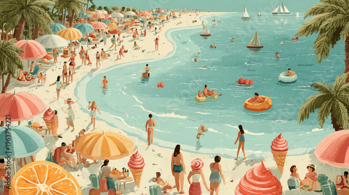 A vibrant and nostalgic retro-style illustration of a crowded tropical beach filled with people sunbathing under colorful umbrellas, swimming in turquoise water, and enjoying giant ice cream cones