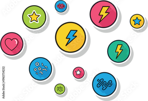 Colorful comic style icon set with lightning heart star and abstract symbols playful pop art elements vector illustration