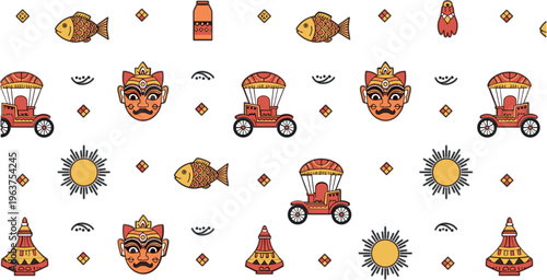 Title:
Seamless cultural pattern with traditional elements including masks fish sun cart and decorative symbols ethnic design vector illustration