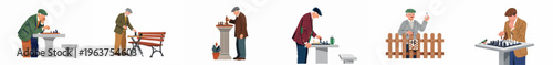 Set of vector illustrations featuring elderly men playing chess in outdoor settings like parks, emphasizing active retirement, strategy, and mental health for seniors.