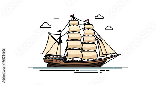 Vintage Sailing Ship on Water Surface.