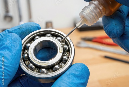 Gloved hands using a precision needle tip bottle to apply lubricating oil to a metal ball bearing